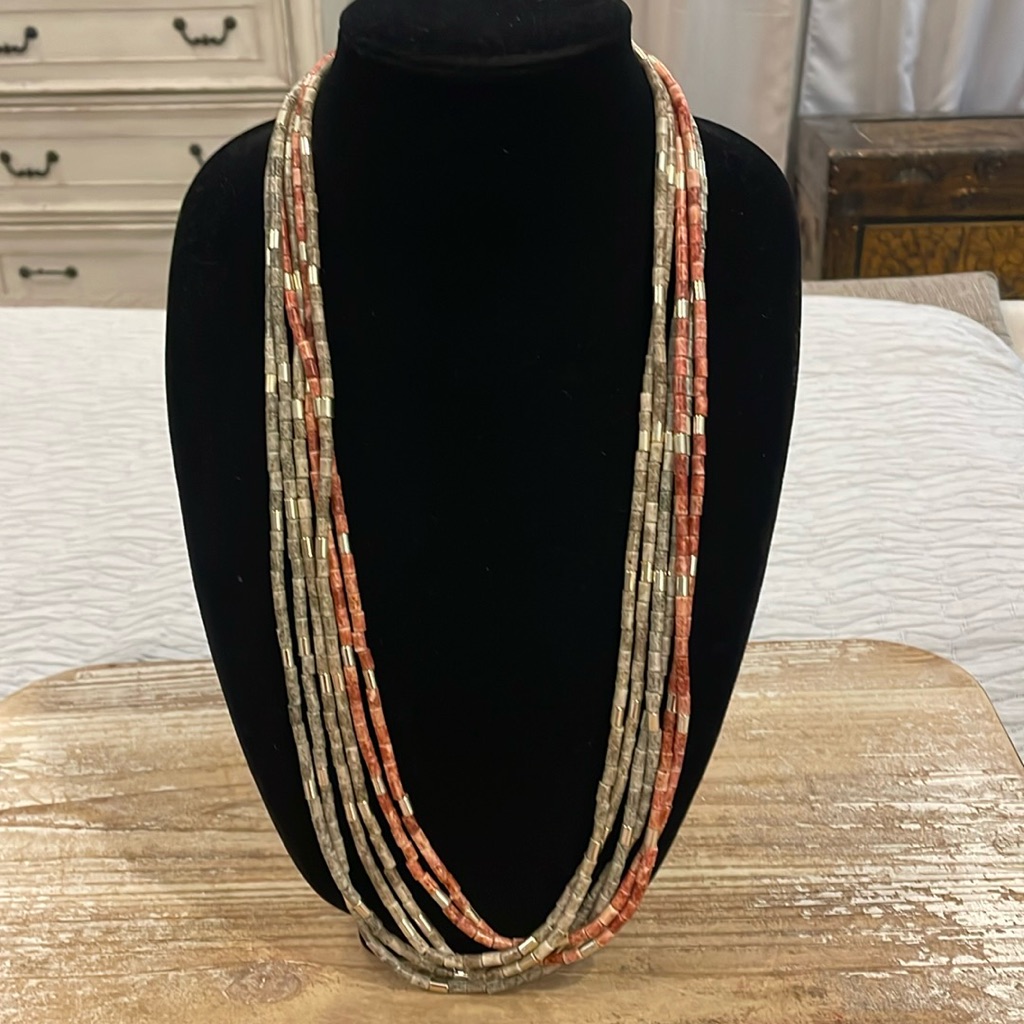 Vintage Mcm 50s Gray Red Beaded Long Beaded Multi Strand Statement Necklace 30$